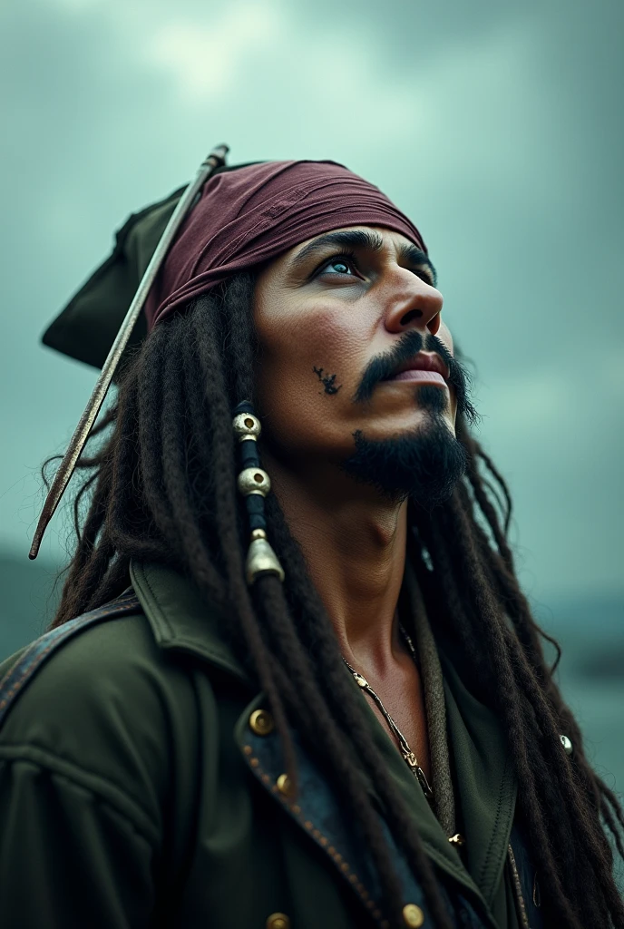 (ultra detaild, 8k, Highly detailed, ultra realistic, fot, fot realistic, High Skin, jack sparrow, , alone, time, waiting, looking at sky