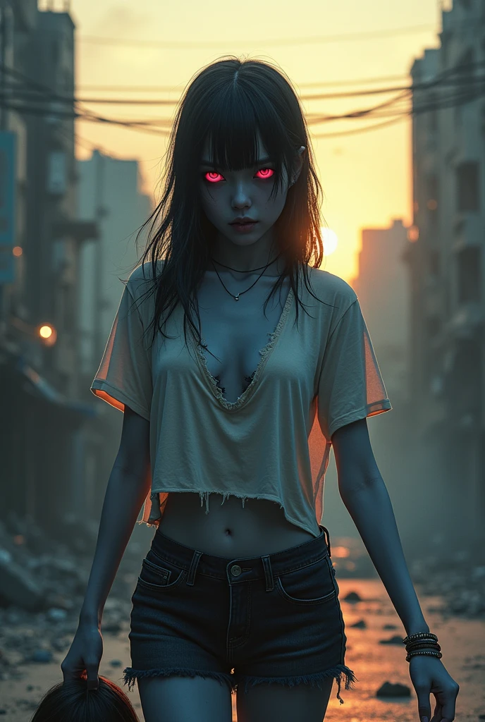 a naked, japanise beutiful school zombie, exposing her from torn tshirt , blue skin, red eyes , holding head a boyz,looking cute, carrying a dead body of a boyfriend by his shit, walking down a dystopian city, smoke, destruction, golden hour (NSFW:1.8), sexy, hot