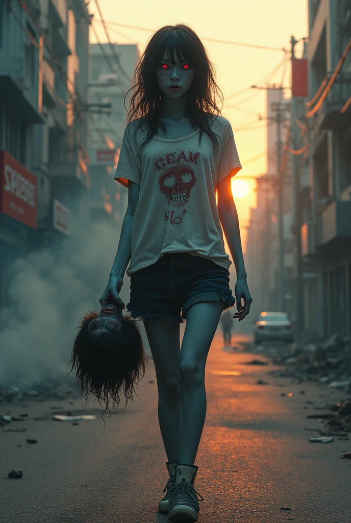 a naked,  japanise beutiful school  zombie, exposing her  from torn tshirt , blue skin, red eyes , holding head a boyz,looking cute, carrying a dead body of a boyfriend by his shit, walking down a dystopian city, smoke, destruction, golden hour  (NSFW:1.8), sexy, hot