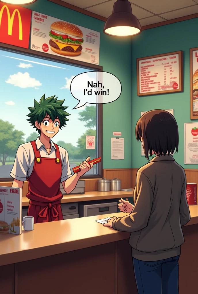 "A scene inside a McDonald&#39;s service location. The atmosphere is typical of a chain store., with service counters, order menu and characteristic decoration. Behind the counter, izuku midoriya (grown-up) kind of like your sad boy version (not Dark) , the character from the anime &#39;Boku no Hero Academia&#39;, is dressed in the McDonald&#39;s uniform, smiling and holding an order. He is speaking with a speech bubble that contains the phrase &#39;Nah, I'd win'. The style of the image is supposed to blend the design of a real fast-food environment with Midoriya&#39;s characteristic anime style.."
And put Ochako Uraraka as a client, also a character from the anime Boku no hero