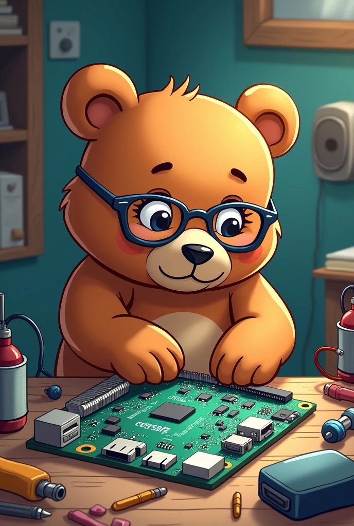 Cartoon brown bear with glasses repairing a motherboard