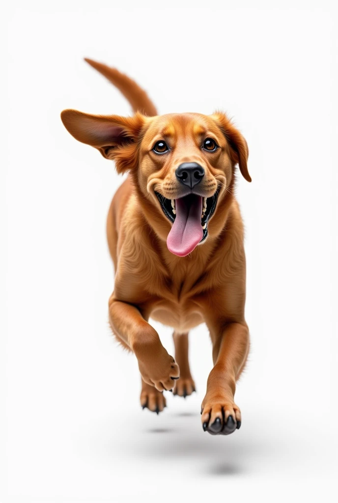 Brown labrador retriever dog walking with mouth open and tongue out on white background