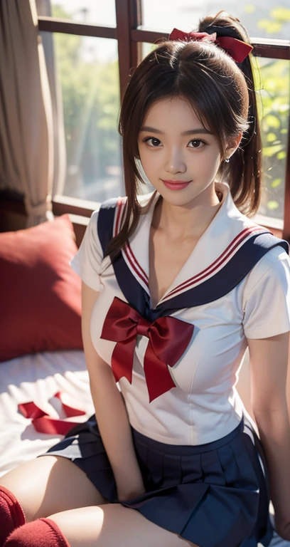 (A youthful gorgeous Japanese idol, wearing Serafuku, Seifuku, school uniform, sailor moon, jk uniform, high-school uniform, pleated mini-skirt, red ribbon, red bowtie, sailor hat, knee-high socks, sitting in cozy bed, legs crossed, nighttime bedroom,
Easygoing expressions, kind smile, dimpled chins, cute snaggle-tooth, short bob hair ponytail, symmetrical face, realistic detailed face, beautiful detailed eyes, perfect body proportions, hourglass figure, ample round bosoms, medium breasts,
Raw photo, photorealistic, realistic portrait, hyper-realism, high contrast, ultra HD, realistic skin textures, top image quality, top-quality, super high resolution, fine details, very meticulously, masterpiece, vivid colours, medium shot, close-up shot, cowboy shot, High Angle Shot, serene ambience, spot light, bokeh background, SFW, Safe For Work)