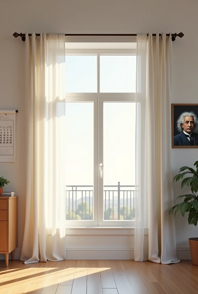 I want a wall that can resemble office of school .it's characteristics includes a window with modern curtains along with calender and photo of Albert Einstein and the colour wall must be soothing