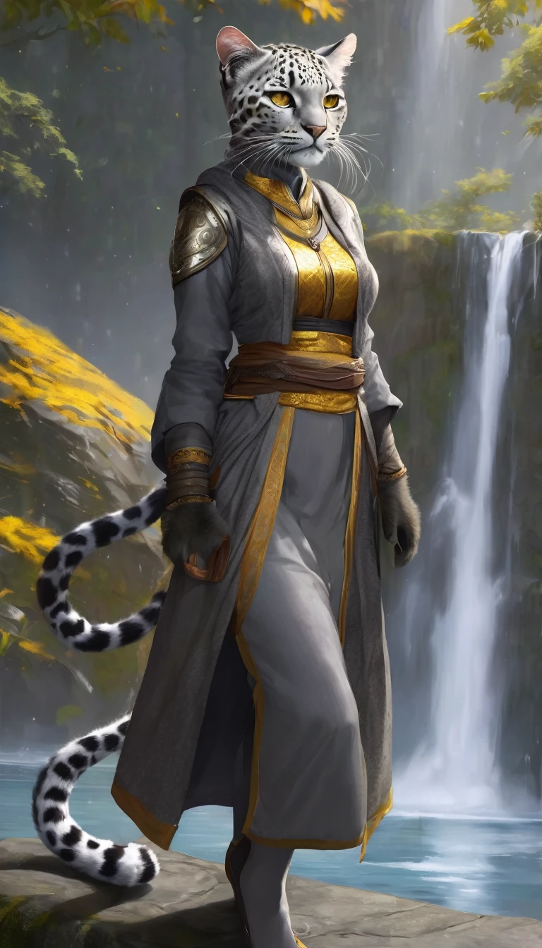 1girl, furry, solo, slim, yellow eyes, short fur, grey fur, grey hair, gray fur, confident, big smile, cleric, simple clothes, teenager, modest, tabaxi, khajiit, 17 year old, grey leopard, spotted grey fur, full-length, round medallion with a picture a waterfall
