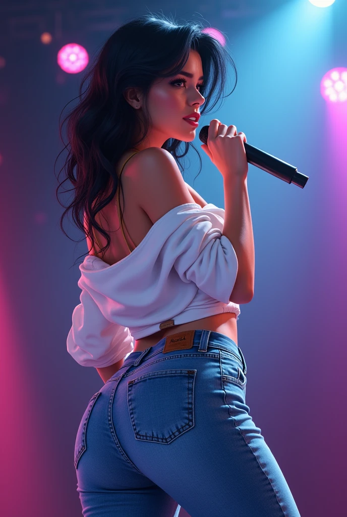 A mature cute girl wearing a blue jeans and white hiphop shirt with black hiphop cut singing a song on the stage. have a perfect body figure and looking so attractive her ass are also perfect matching with jeans..