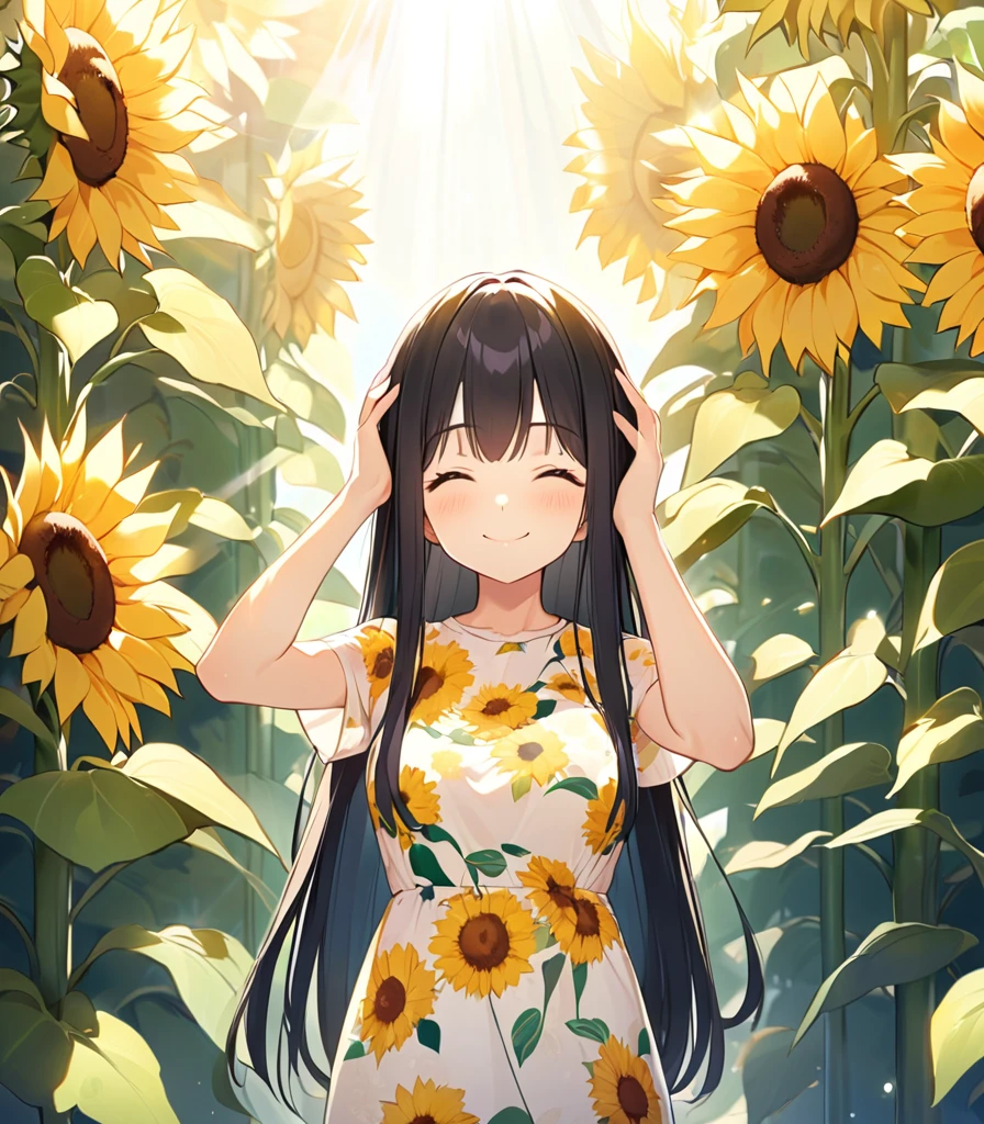 Girl, cute, adorable, chest to head, straight hair, long hair, black hair, sunny, big chest, sunlight streaming in, floral print dress, standing straight, daytime, sunflower background, gently and calmly smiling