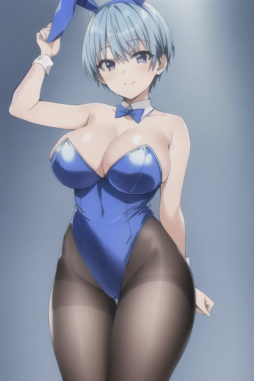 1girl, blue hair, very short hair, light blue hair, purple eyes, bunnysuit, black leotard, pantyhose, large breasts, thick thighs, smile, hourglass figure, rabbit ears, bunny ears,