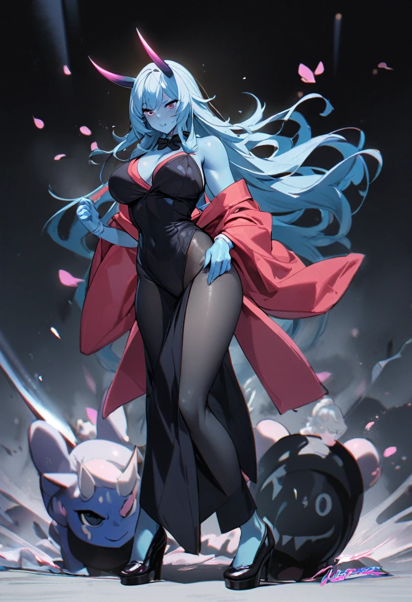 1woman, mature woman, bunny suit, oni girl, kimono parts, long hair, full body, blue skin, best quality, epic,