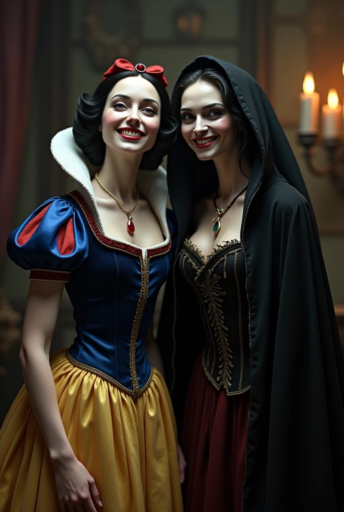 Snow White and the Wicked Stepmother enjoying the Seven Dwarfs' Cottage smiling at the announcement of the murder of the Seven Dwarfs