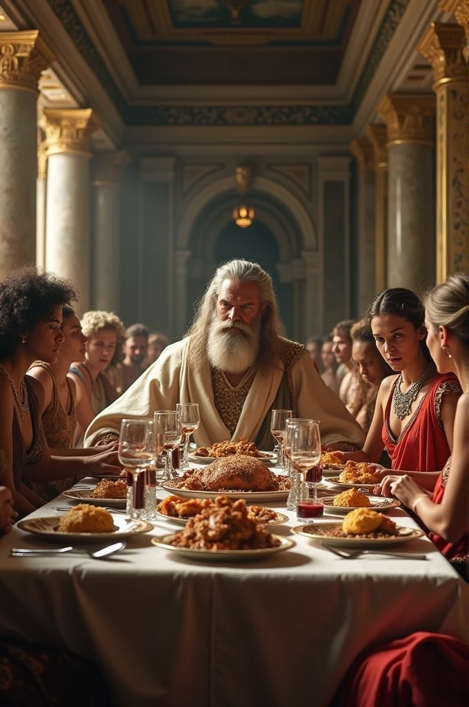 King Lycaon looking intently at Zeus disguised as a humble traveler at a banquet table inside the Greek Palace