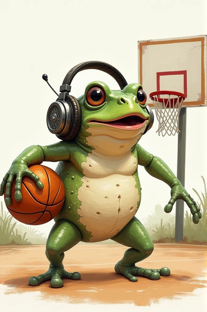 Drawing of a toad with headphones playing basketball