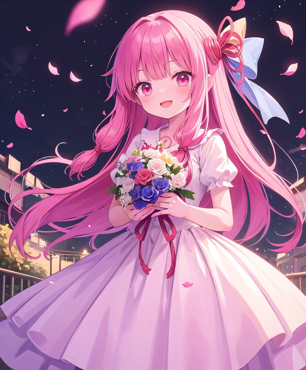 (masterpiece, Highest quality:1.2), alone, One person, Kotonoha Akane,bridal theme,((bouquet:1.3)),flying petals:1.2,Cinema Lighting,Hair Ribbon,whole body,Perfect composition,A big smile