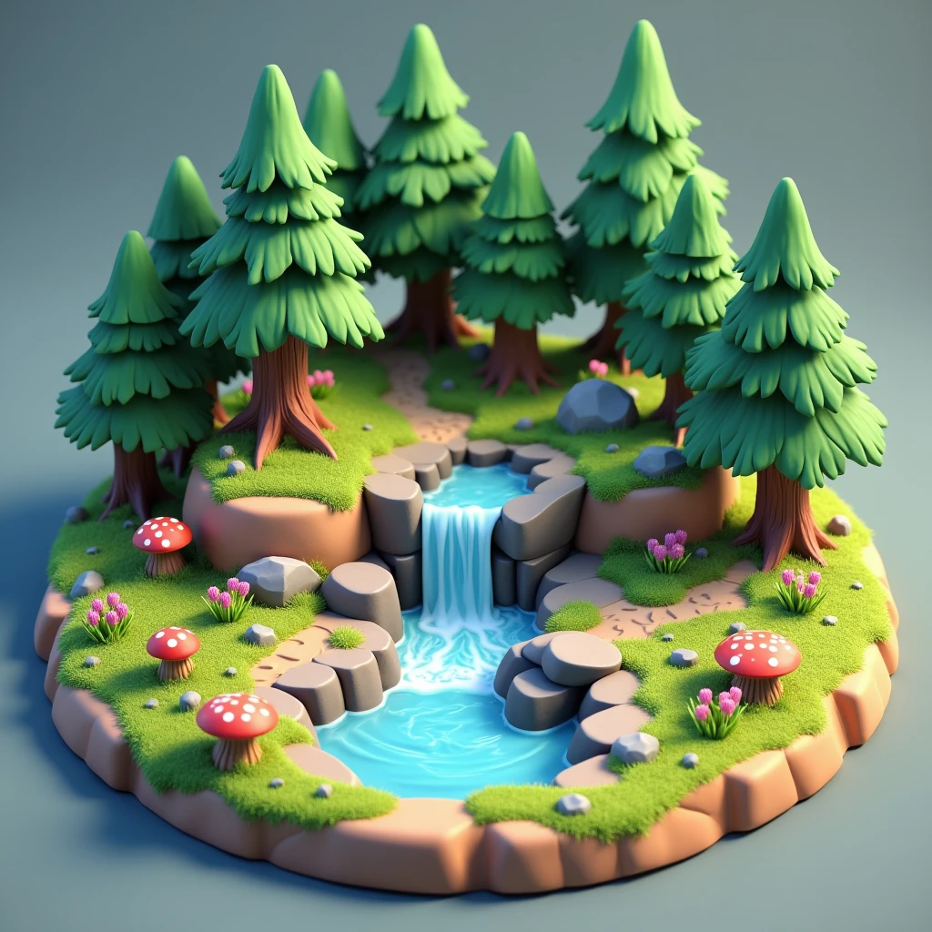 3D model game, Clash of Clan style, circular land model with small flowing rocks, small waterfall in old pine forest, some rotten trees with moss, mushrooms, flowers and grass growing. Ready to play.