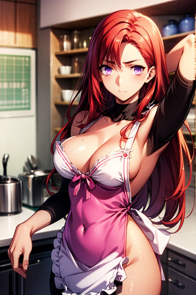Masterpiece,Highest quality,8k,Ultra-high resolution,appropriate margins,Perfect hands,Perfect Fingers,Perfect human body,Perfect Eyes,((Cowboy Shot)),BREAK,Bright expression,(1 person),(The most beautiful woman),Slim body,((The most extraordinary breasts)),Deep cleavage,Moisturized Skin,Fair skin,BREAK,((Red Hair)),Long Hair,Half Up,BREAK,Thin eyebrows,BREAK,Light purple eyes,BREAK,(Naked Apron),BREAK,Make eye contact with your audience,Embarrassing,kitchen