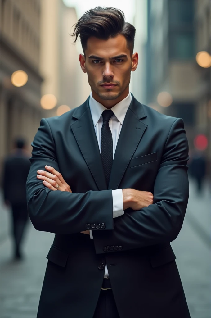 A businessman with a two-block hairstyle in a suit with his arms folded