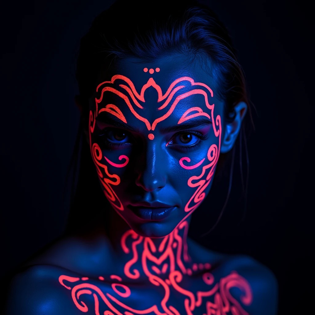 woman, face paint, UV-reactive colors, glow in the dark, black light art, perfect composition