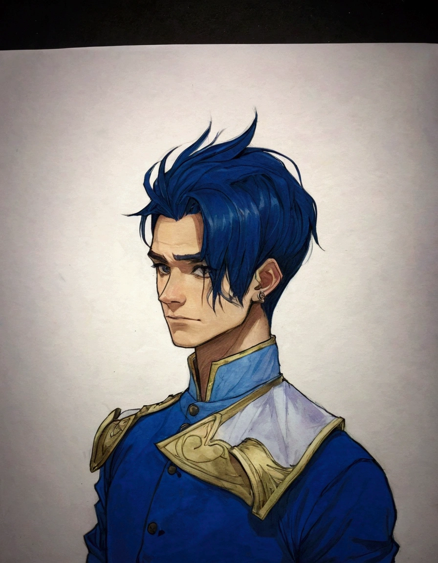 dessin d&#39;a man with blue hair and a blue shirt, croquis en couleur, style anime 2D, Caleb from Critical Role, colored, high quality croquis en couleur, without shading, 2d hero fanart artsation, style d&#39;cel shading, délicat prince androgyne, art 2d, art 2d