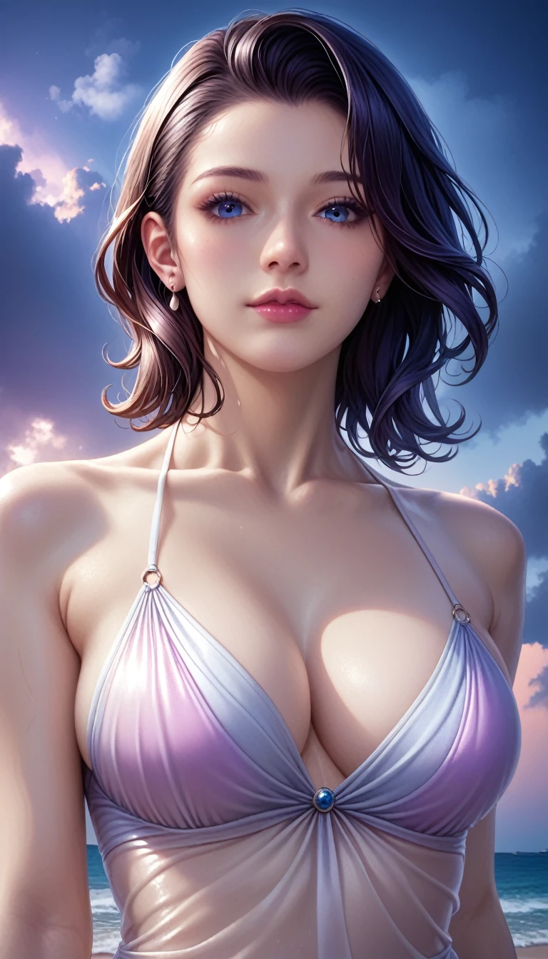 score_9, score_8_superior, score_7_superior, High resolution 3D anime style,A masterpiece in 32K resolution,Highest quality,it is really amazing,Very detailed,Ultra-high resolution,Ultra-realistic,Realistic,Increased depth of field,Cinematic lighting,
Elegant mature Japanese woman,
black straight medium hair,Ultra-detailed and beautiful face,Calm and gentle look,Translucent white skin,Realistic skin texture,Great proportions,
Elegant swimwear,
Summery design,Chic color scheme,Beautiful and delicate decoration,Detailed fabric texture,
Overcast night sky,Dark Clouds,Thundercloud,Coastline at night,Stormy seas,delay々A desolate sandy beach that continues,
Cinematic Angle,