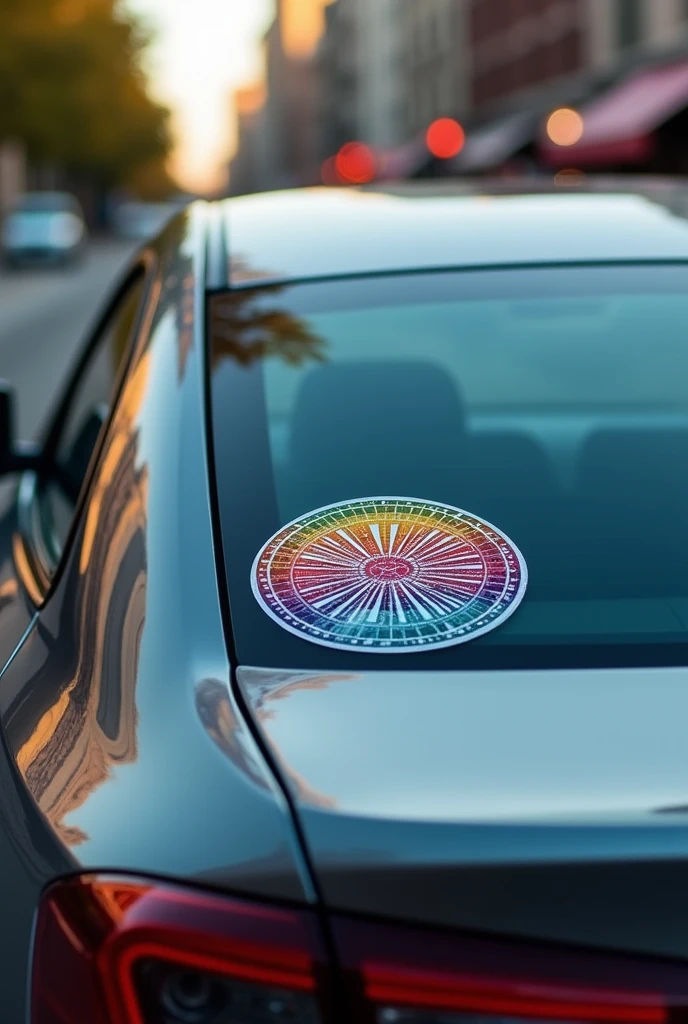 Rear windshield of a car with a decorative circular colored sticker attached