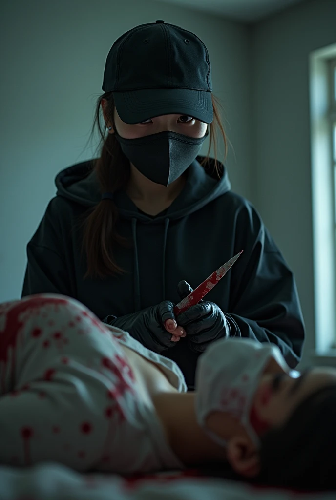 korean girl, (behind corpse, holding knife), black surgical mask, black gloves, room full of blood, black raincoat, trucker hat, holding knife, black gloves, woman on top, behind corpse, blood splatter, on the bed, looking at viewer, mass murderer, killer, low ponytail, blood splatter, dark atmosphere, cinematic lighting, atmospheric realistic, light from the window, close-up,
