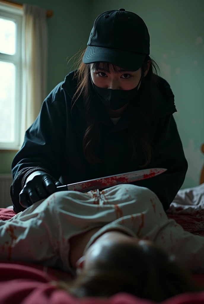 korean girl, (behind corpse, holding knife), black surgical mask, black gloves, room full of blood, black raincoat, trucker hat, holding knife, black gloves, woman on top, behind corpse, blood splatter, on the bed, looking at viewer, mass murderer, killer, low ponytail, blood splatter, dark atmosphere, cinematic lighting, atmospheric realistic, light from the window, close-up,