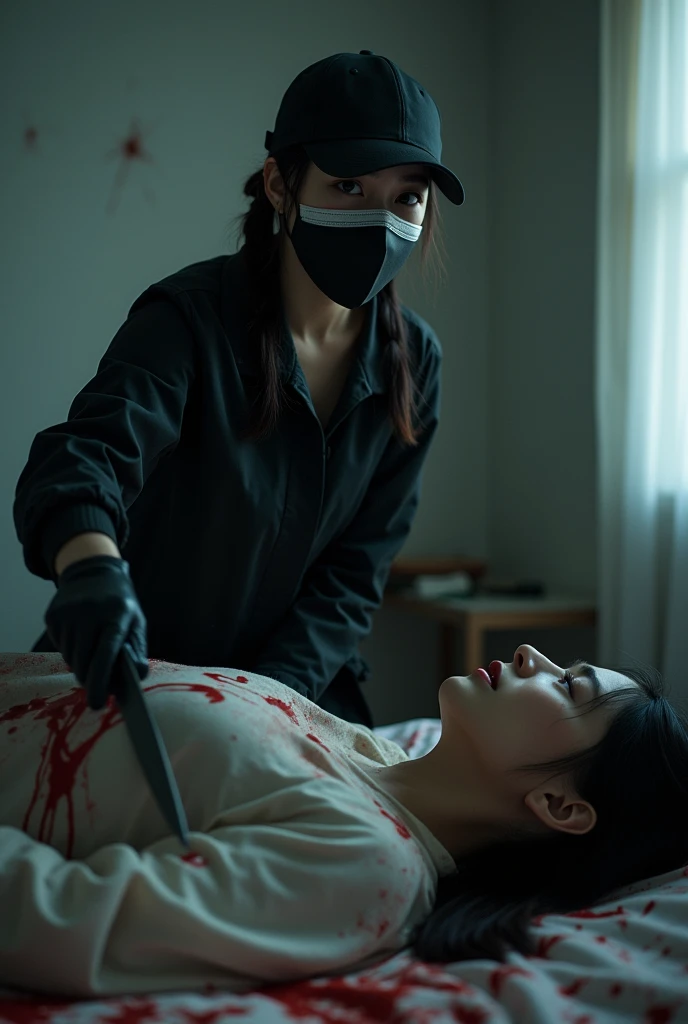 korean girl, (behind corpse, holding knife), black surgical mask, black gloves, room full of blood, black raincoat, trucker hat, holding knife, black gloves, woman on top, behind corpse, blood splatter, on the bed, looking at viewer, mass murderer, killer, low ponytail, blood splatter, dark atmosphere, cinematic lighting, atmospheric realistic, light from the window, close-up,
