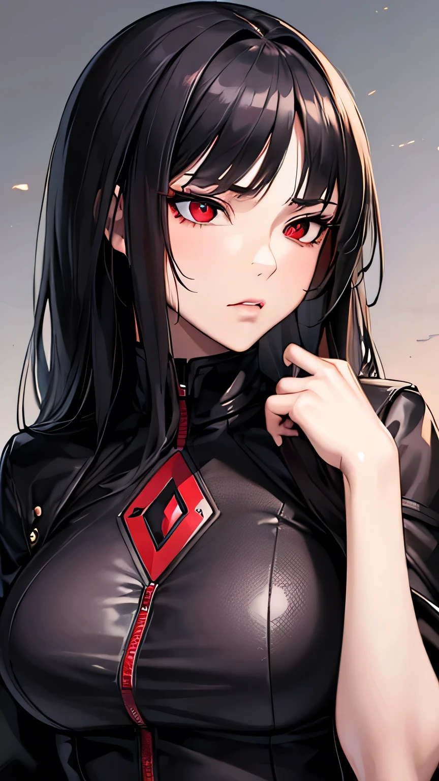 Highest quality, Ultra-high resolution,Wild adult woman, alone, sexy, (Stern face), (Red eyes), Beautiful face in every detail,(High resolution detail of human skin texture), (Black irregular long hair), Black coat,Suit pants,A mercenary woman,（have a gun in hand）,Realistic:1.3,Realistic:1.2