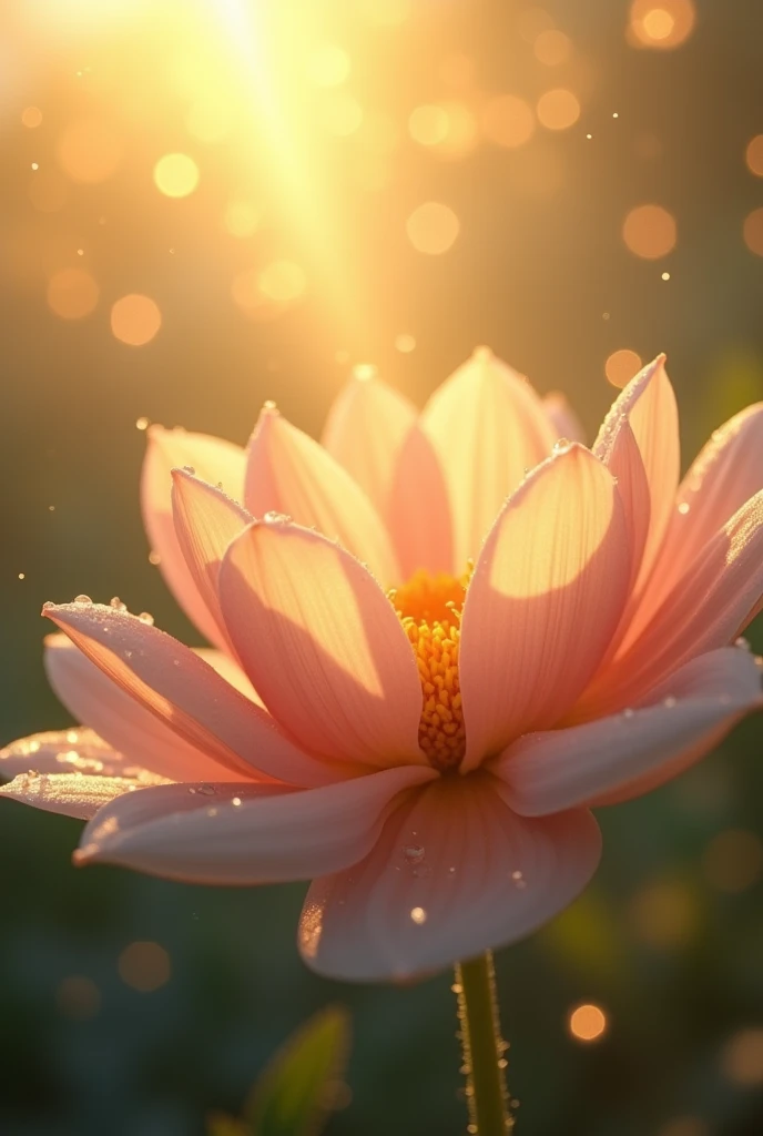 Dew drop falling on petal of a dreamy flower on which a ray of sunshine is sparkling