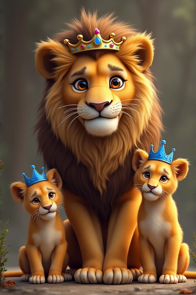 A female lioness with a crown and two cubs with a blue crown each

