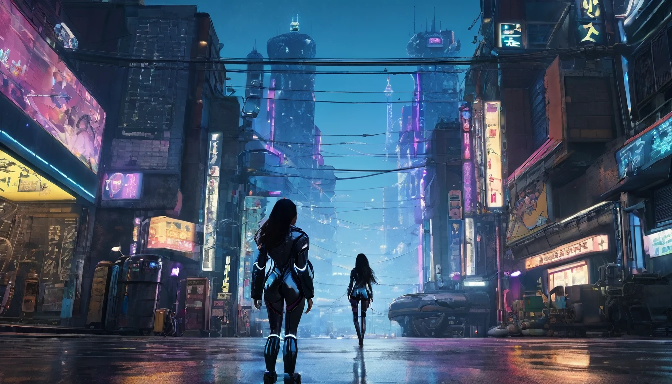 ((masterpiece)),((Highest quality)),((Attention to detail)),((Realistic,)) One Woman、Long Hair、patent leather suit、Rear view、Gazing into the distance、Cyberpunk World、Stand in the middle of the street、night、mysterious、Beautiful sight、Panorama、Robot World