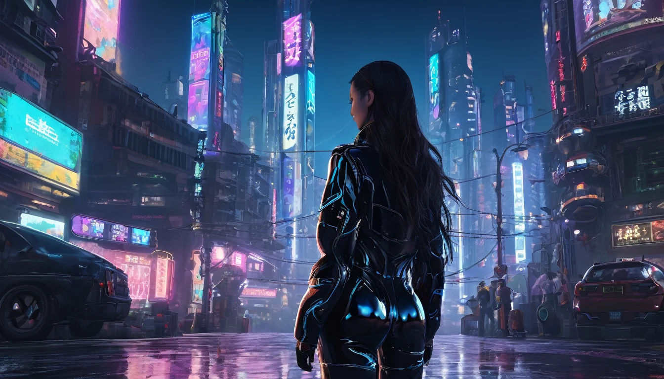 ((masterpiece)),((Highest quality)),((Attention to detail)),((Realistic,)) One Woman、Long Hair、patent leather suit、Rear view、Gazing into the distance、Cyberpunk World、Stand in the middle of the street、night、mysterious、Beautiful sight、Panorama、Robot World