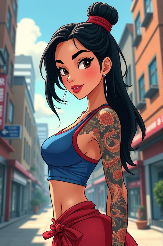 cartoon character Mulan girl with a tattoo on her shoulder in a modern style