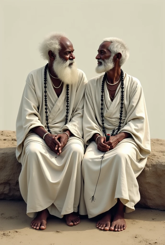 elderly African couple, with white hair and beard, dressed in white and using a pipe, barefoot and sitting, wearing a long string of black and white balls