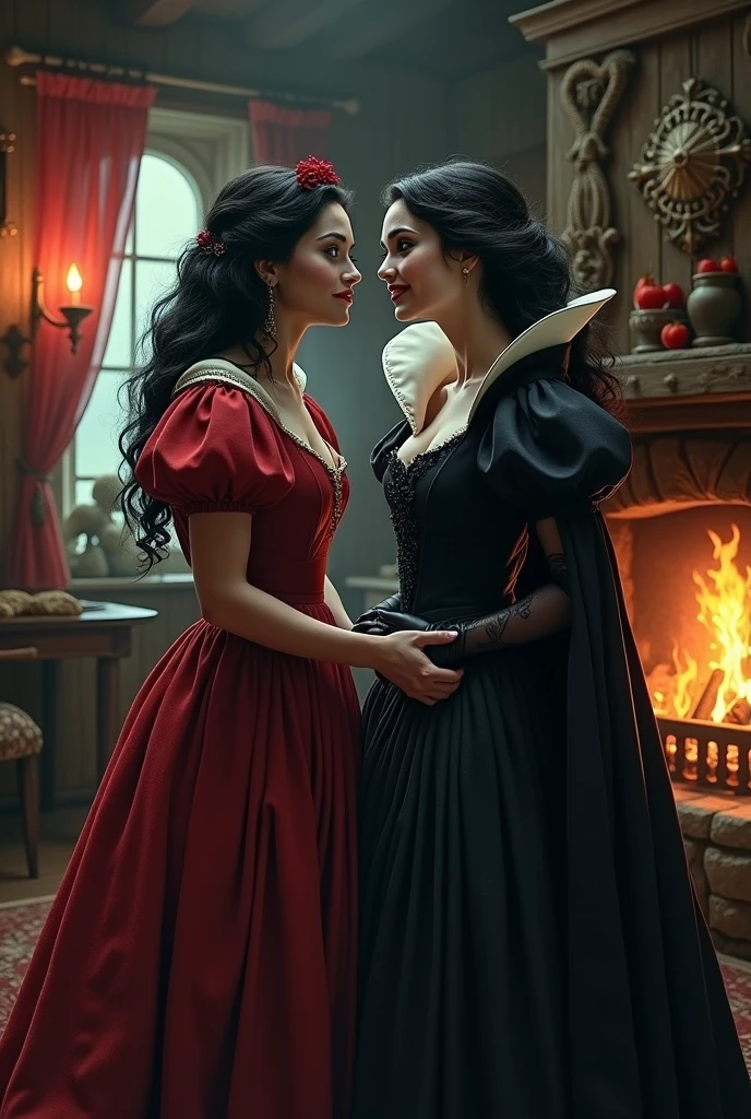 Snow White and the Wicked Stepmother enjoying the Seven Dwarfs&#39; Cottage smiling at the announcement of the murder of the Seven Dwarfs 