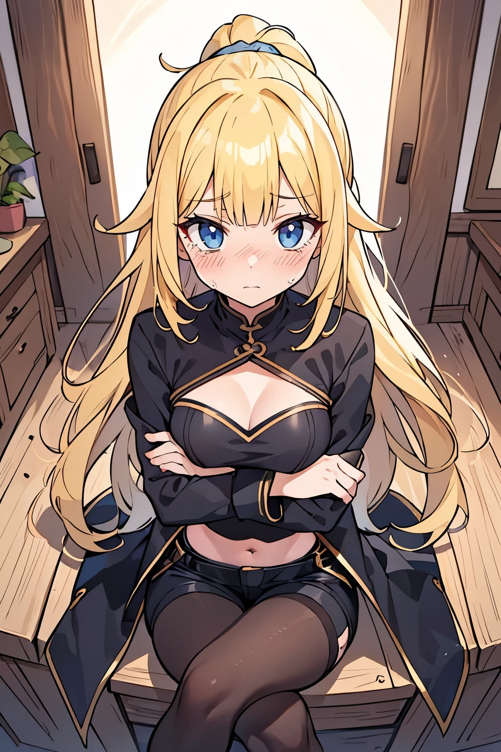 Young adult girl, best quality, 1 girl, female figure, yellow hair, blunt bangs, extra long hair, crystal blue eyes, golden blonde hair, cowboy shot, voluminous hair, wavy hair, cute girl, (medium small breasts), (young female body: 1.4), assassin, black assissin clothes, shirts, garter, tights, crossed arms, basement room, cellar, ponytail, black shorts, tight shorts, cropped top, long sleeves, waist band, exposed midriff, cleavage cutout, long coat, sitting crossed legs, crossed legs, embarrassed girl, looking from above