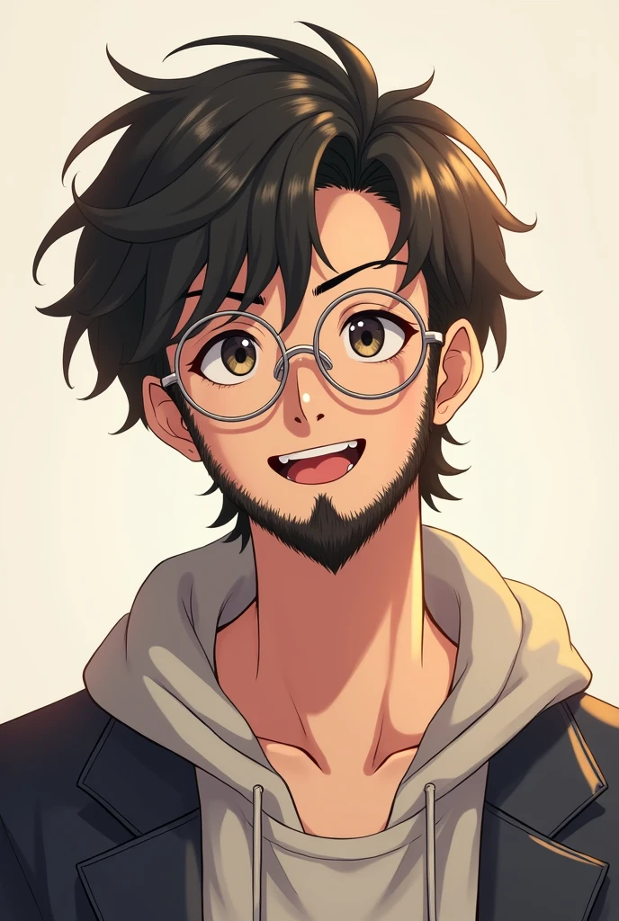 make fictional anime character clear face make hair more shorter but messy and put friendly mutton chops beard and mettalic glass