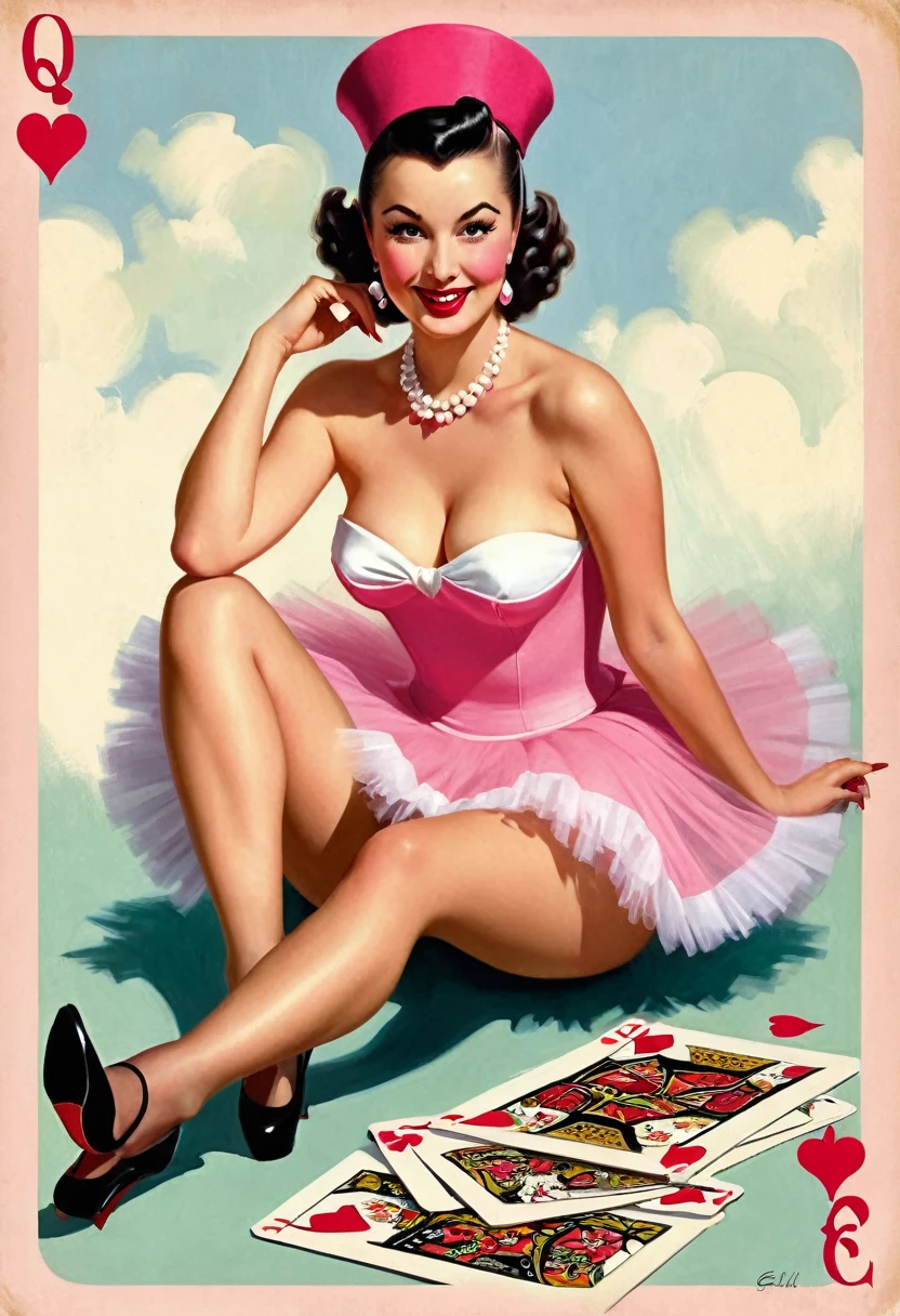 Image of a woman in a tutu skirt and pink hat sitting on a playing card, pinup art, queen of hearts, poster girl, vintage pinup, pinup girl, pinup, pinup style, Gil Elvgren, Gil Elvgren, pinup girl, pinup girl, pinup girl, pinup, pinup girl, pinup, pinup girl