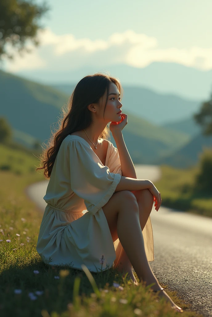 (photorealism:1.2), beautiful woman, sitting on road thinking about something