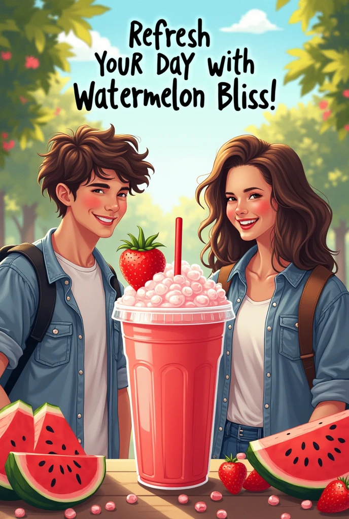 poster of students selling water melon sarbath with milk and ice in college by a quote "Refresh Your Day with Watermelon Bliss!"