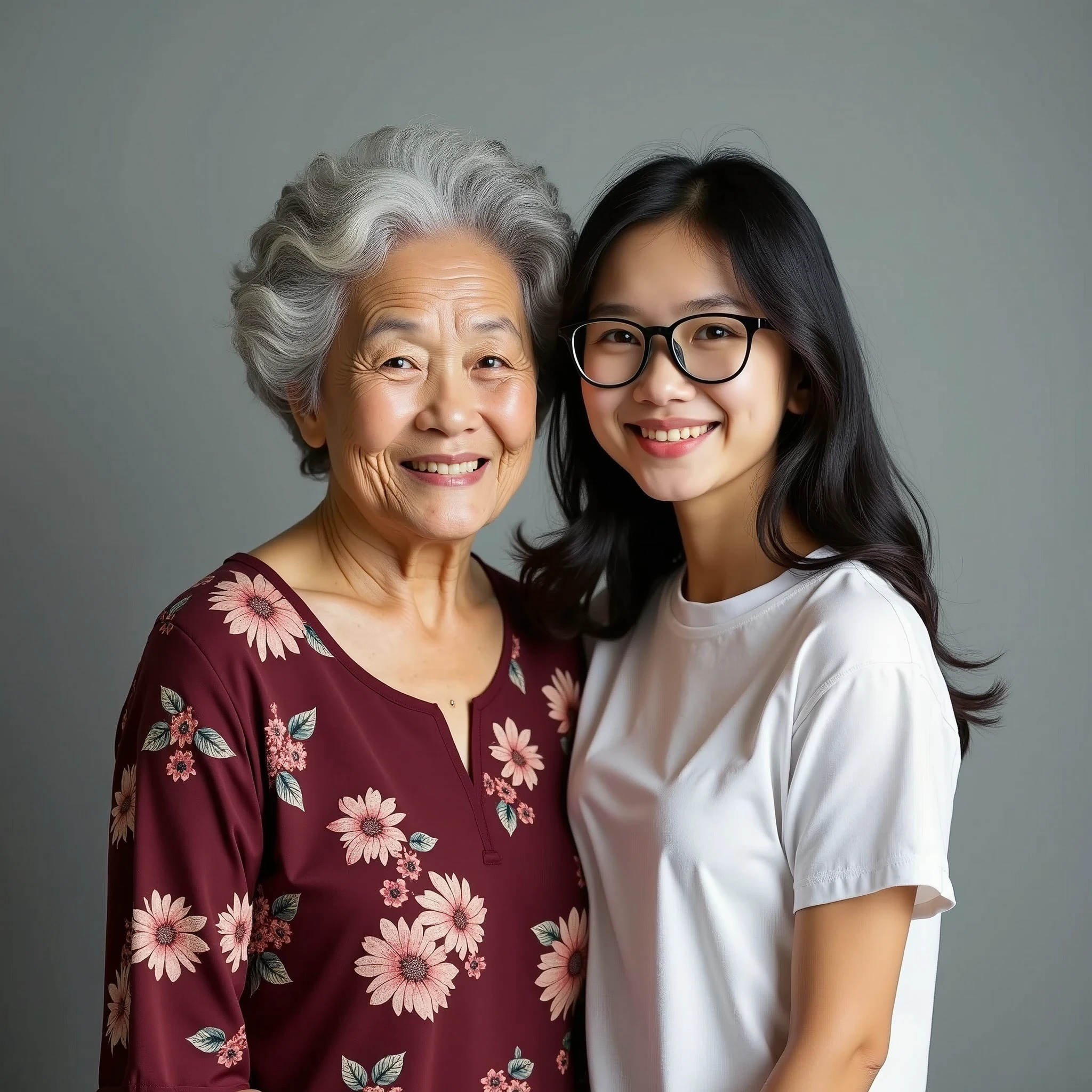 photorealisic portrait taken at studio, family photo shows a grandma of 60-yo, together with her granddaughter of age 19, asian female, they are having different figures: "the grandma has round face with wrinkles, nice smile, grey short curly hair, wearing traditional burgundy-red floral pattern grandma dress"; "the young lady granddaughter is age of 19, is a post-secondary school student , wears White color school sport t-shirt casual wear, one length black hair, wear black-framed glasses", in flat grey background
