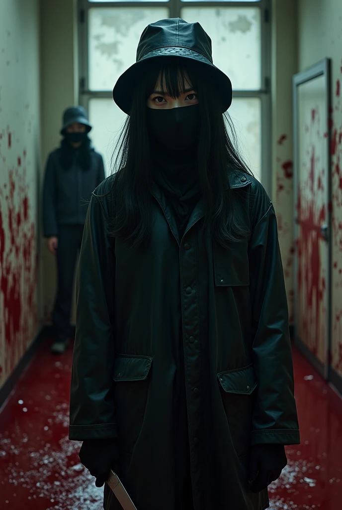 2 korean girl, (behind multiple corpse, holding knife), black surgical mask, black gloves, room full of blood, black raincoat, bucket hat, looking at viewer, holding knife, black gloves, woman on top, behind multiple corpse, blood splatter, mass murderer, killer, long bangs, blood splatter, dark atmosphere, cinematic lighting, atmospheric realistic, light from the window,