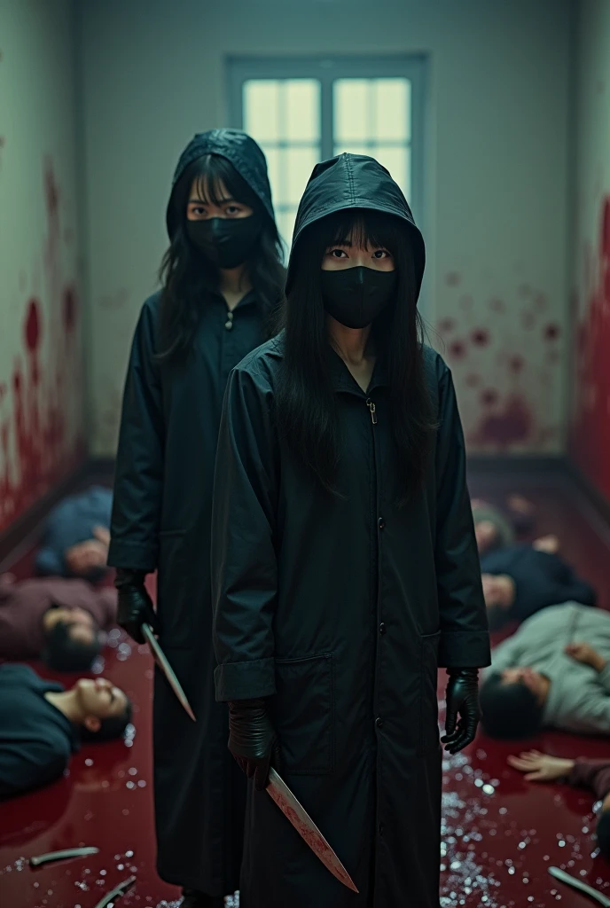2 korean girls, (behind multiple corpse, holding knife), black surgical mask, black gloves, room full of blood, black raincoat, bucket hat, looking at viewer, holding knife, black gloves, woman on top, behind multiple corpse, blood splatter, mass murderer, killer, long bangs, blood splatter, dark atmosphere, cinematic lighting, atmospheric realistic, light from the window,
