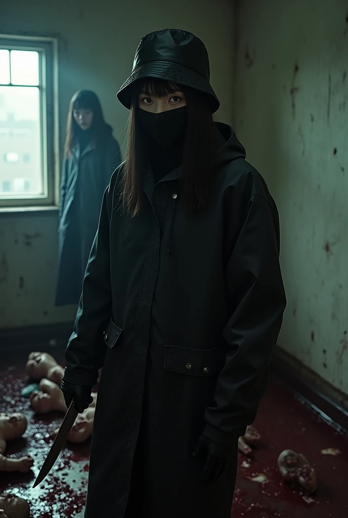 2 korean girls, (behind multiple corpse, holding knife), black surgical mask, black gloves, room full of blood, black raincoat, bucket hat, looking at viewer, holding knife, black gloves, woman on top, behind multiple corpse, blood splatter, mass murderer, killer, long bangs, blood splatter, dark atmosphere, cinematic lighting, atmospheric realistic, light from the window,