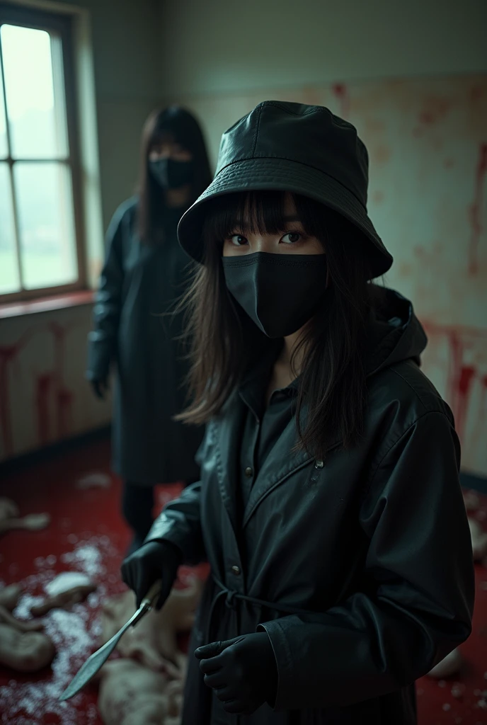 2 korean girls, (behind multiple corpse, holding knife), black surgical mask, black gloves, room full of blood, black raincoat, bucket hat, looking at viewer, holding knife, black gloves, woman on top, behind multiple corpse, blood splatter, mass murderer, killer, long bangs, blood splatter, dark atmosphere, cinematic lighting, atmospheric realistic, light from the window,