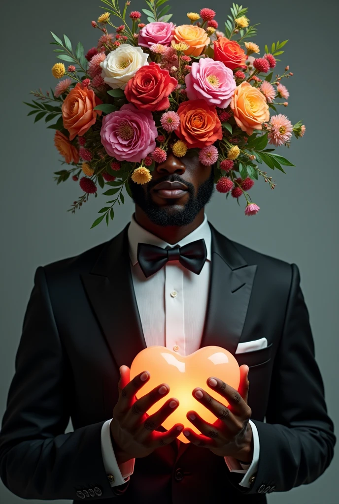 Image of a black man wearing an expensive suit without a face but replaced with flowers and holding a glowing heart shaped like love on his hand