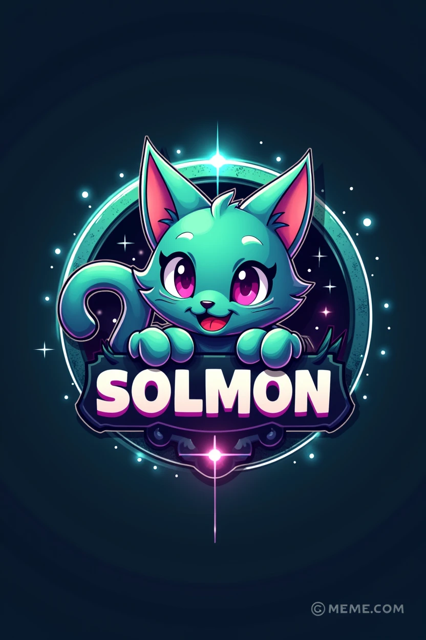 Design a 16:9 Twitter cover banner for 'SOLMON - Solana Monsters' that seamlessly blends modern, playful aesthetics with the essence of elemental-themed creatures. The banner should feature a central circular logo emblem with a stylized cat monster creature, embodying the 'Solana' theme through a vibrant color palette of blues, greens, and purples with glowing accents. The cat creature should reflect an elemental type (e.g., fire, water, earth), capturing both power and cuteness in its design.

The circular logo should be positioned prominently in the center of the banner, surrounded by subtle textures or gradients that evoke digital or cosmic elements. The text 'SOLMON' should be displayed boldly within the circular emblem, using rounded typography that is both friendly and adventurous.

Extend the design outward from the central logo to include dynamic background elements like digital sparks, stars, waves, or abstract shapes that enhance the banner's otherworldly, magical atmosphere. The overall design should be clean, balanced, and visually striking, ensuring it stands out as a captivating and cohesive Twitter cover that aligns with the SOLMON branding.