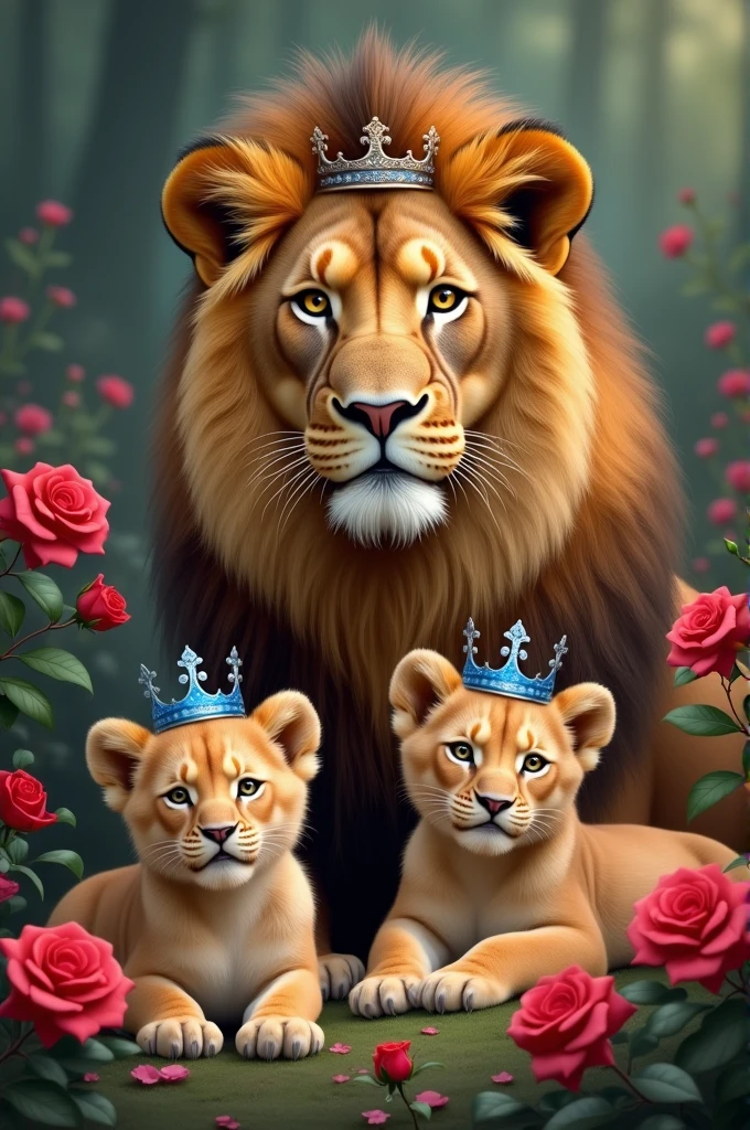 A female lioness with a crown and two cubs with a blue crown each, In a rose garden
