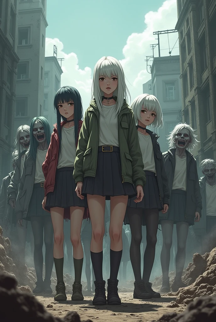 A cover of 3 girls and three boys, Girls in front and boys in back, that they are surrounded by zombies, a desolate environment, boys who have white hair