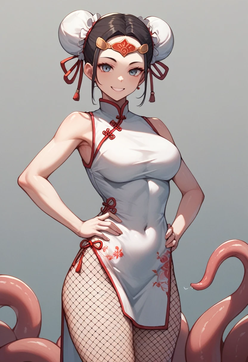 (masterpiece, best quality:1.2), shot, solo, 1girl, tenten, smile, looking at viewer, hands on hips, double bun, forehead protector, chinese clothes, white china dress, sleeveless, fishnets, fishnet thighhighs